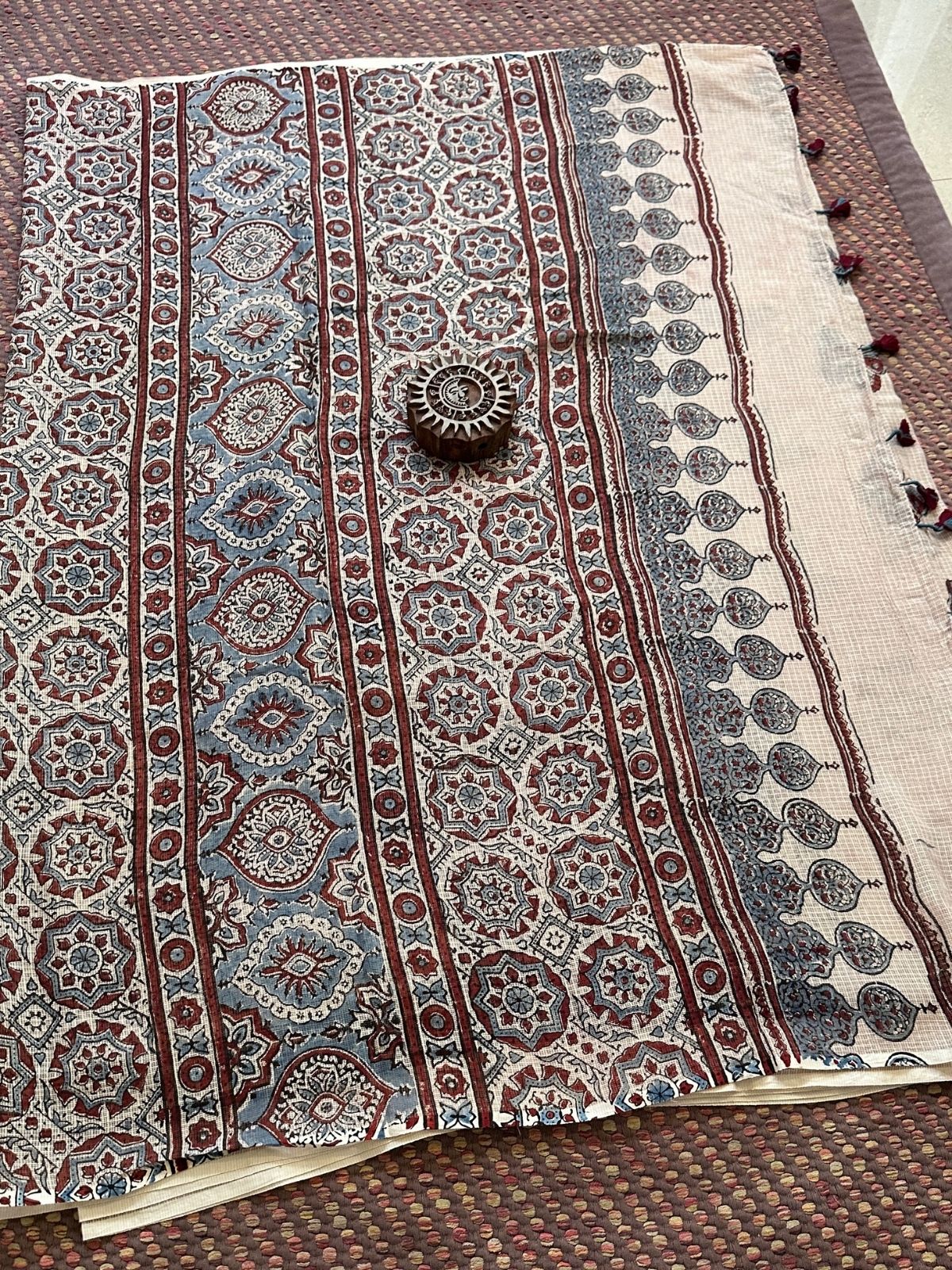 Ajrak Handblocked Kota Doria Embroidered Saree with Blouse Fabric