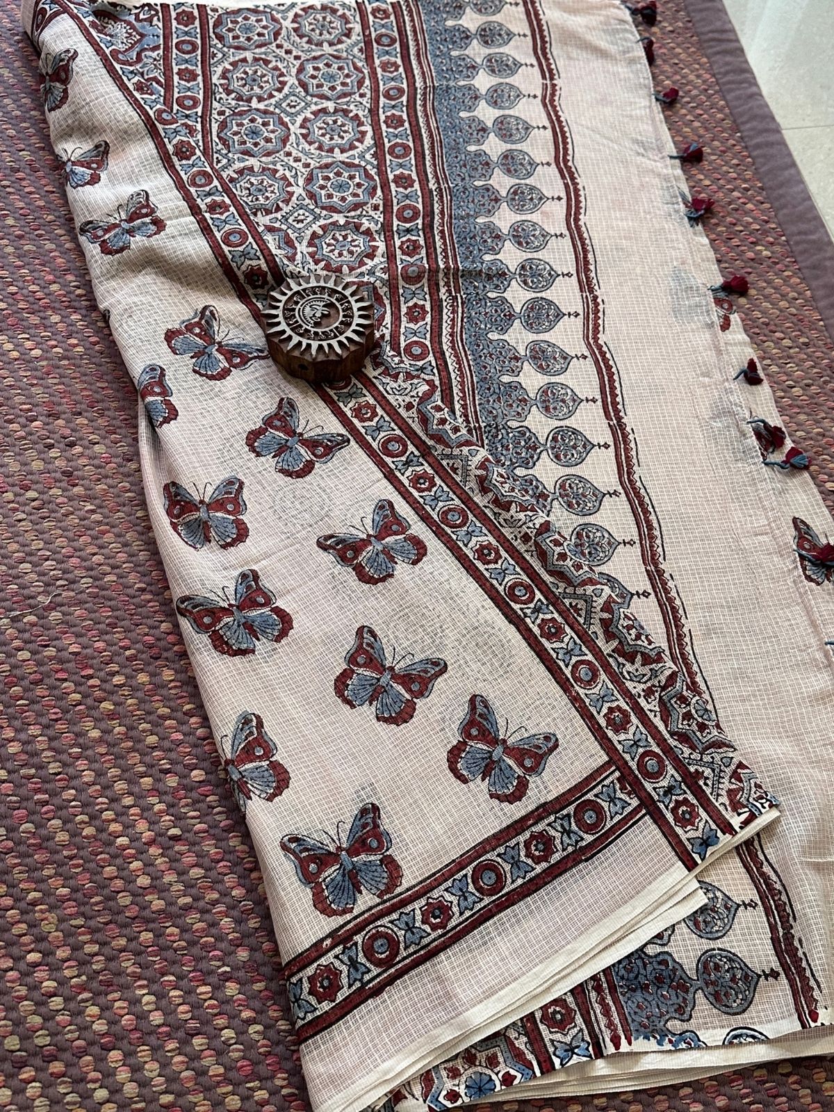 Ajrak Handblocked Kota Doria Embroidered Saree with Blouse Fabric