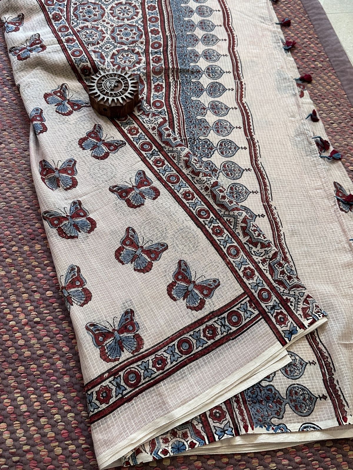 Ajrak Handblocked Kota Doria Embroidered Saree with Blouse Fabric