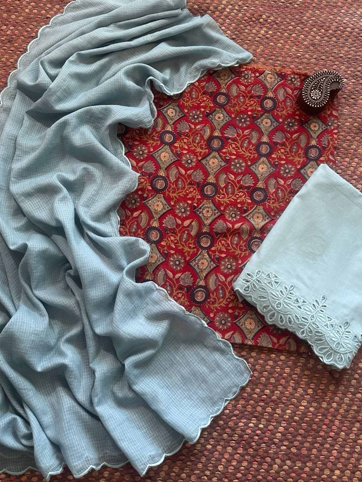 Pure Cotton Malmal Hand-blocked Fabric with Cutwork Bottom & Kota Doria Dupatta