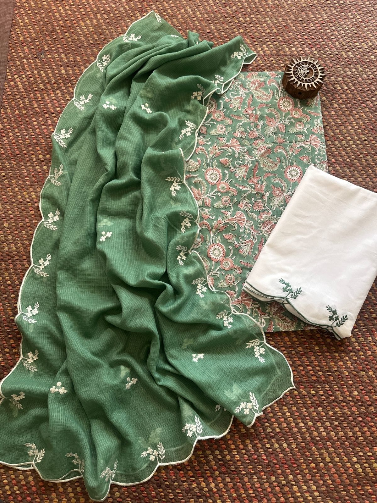 Pure Cotton Hand-block Fabric with Embroidered Bottom & Kota Doria Dupatta