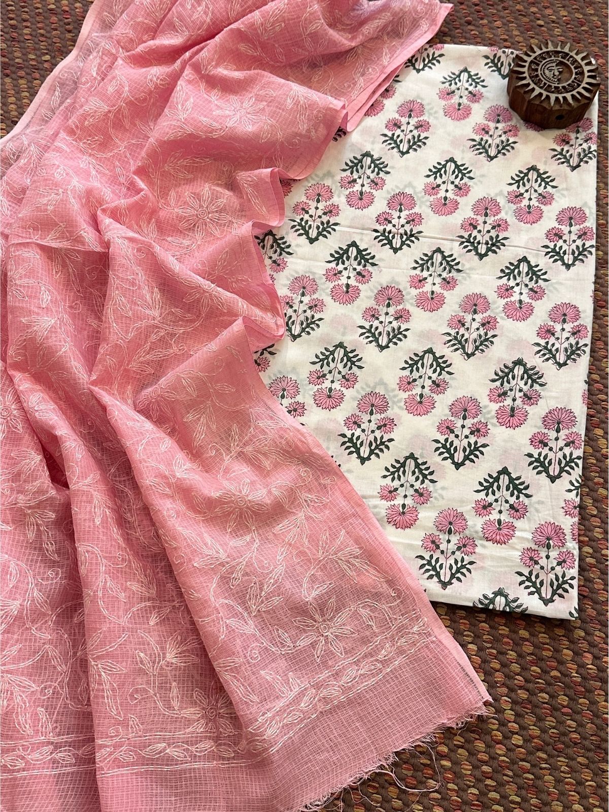 Pure Cotton Hand Blocked Fabric with Chikankari Dupatta