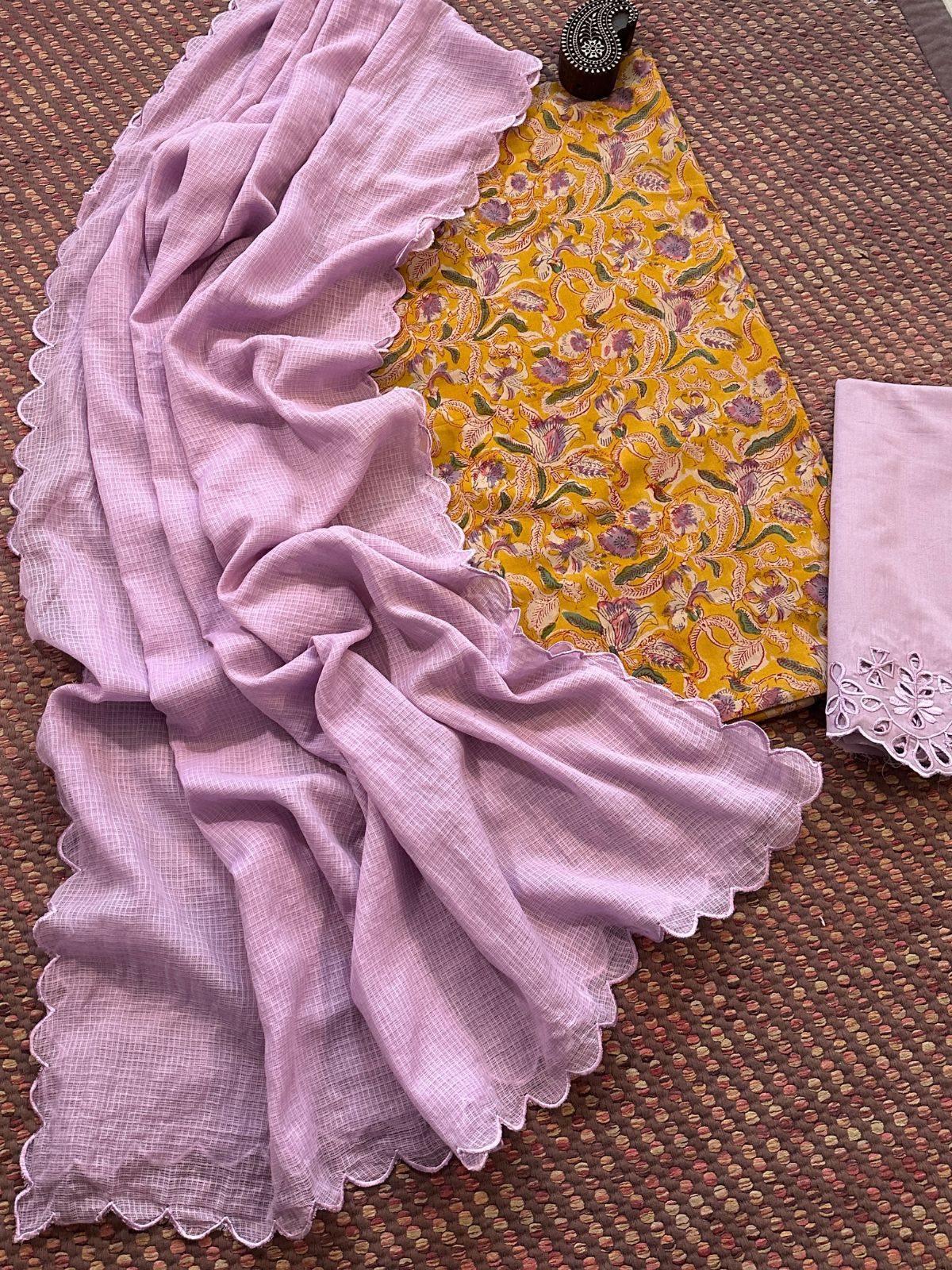 Pure Cotton Malmal Hand-blocked Fabric with Cutwork Bottom & Kota Doria Dupatta