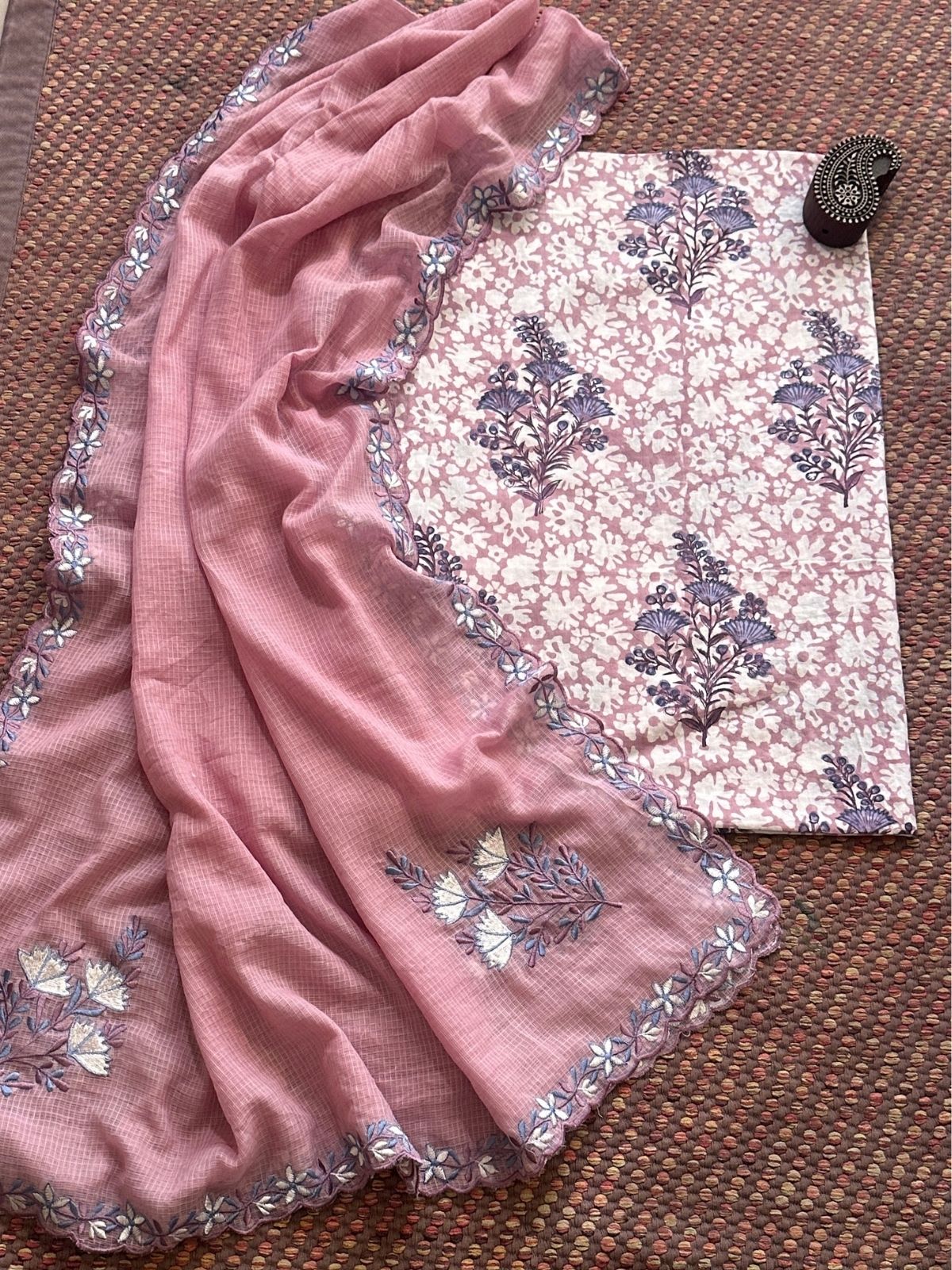 Pure Cotton Handblock Fabric with Exclusive Embroidered Dupatta