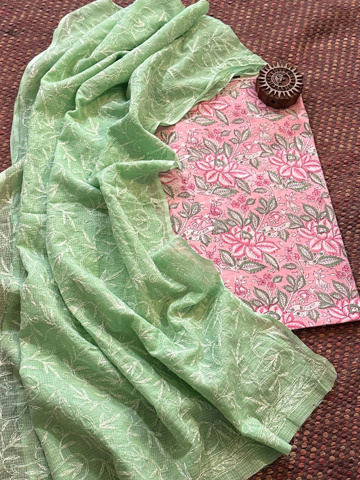 Pure Cotton Hand Blocked Fabric with Chikankari Dupatta