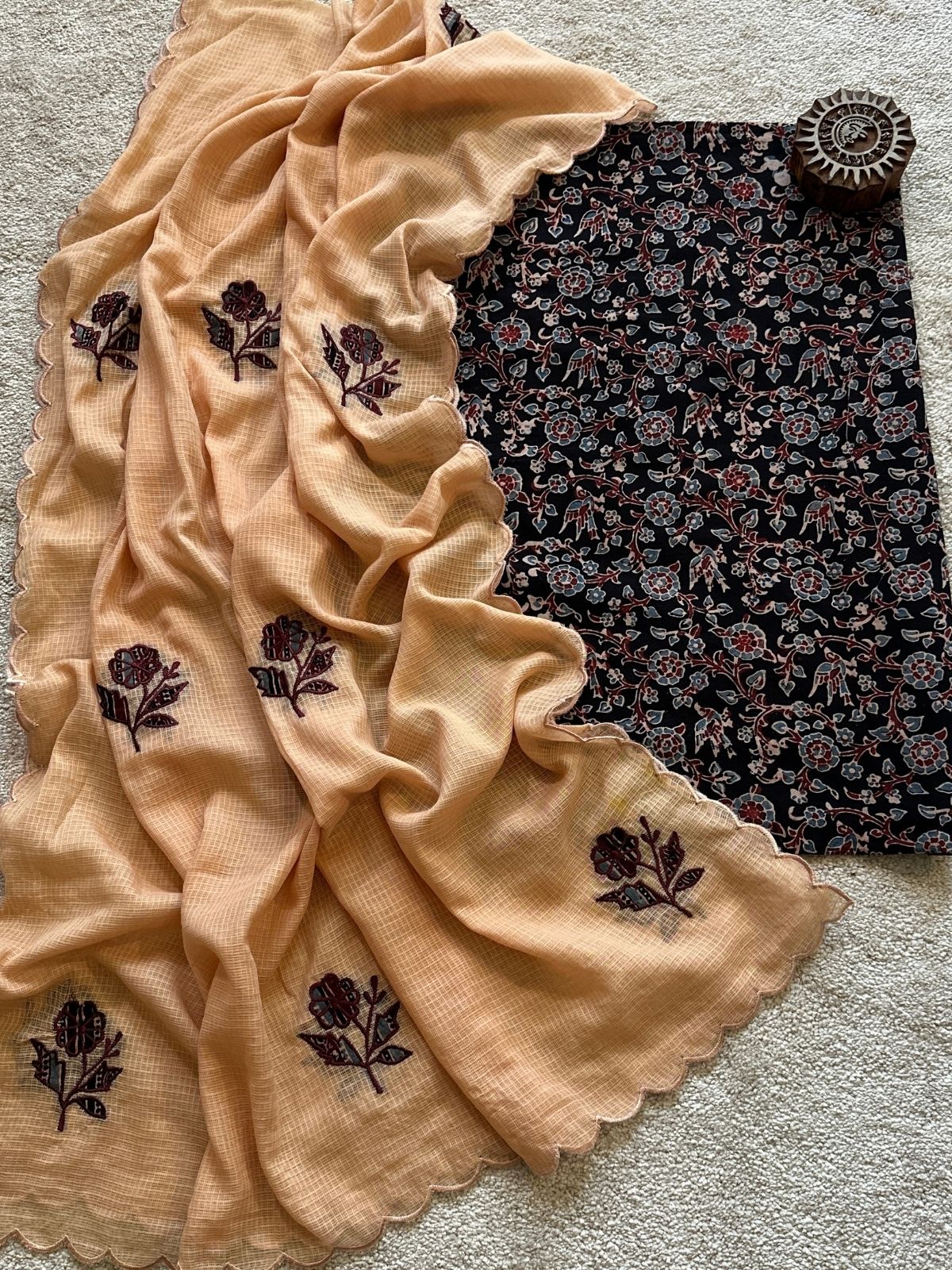 Bagh Set- Ajrak Fabric with Applique Embroidered Dupatta