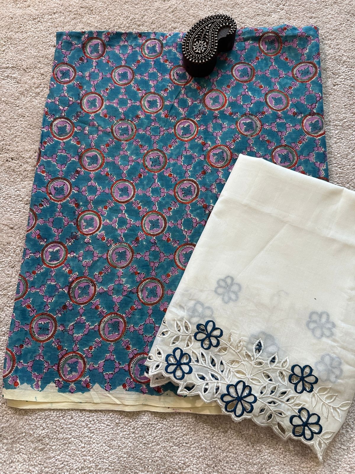 Gulshan Set - Hand blocked Fabric with Cutwork Embroidered Bottom