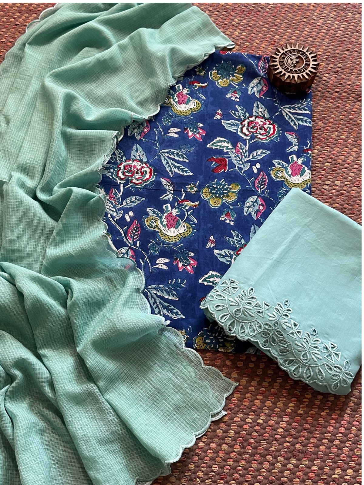 Pure Taj Cotton Hand-blocked Fabric with Cutwork Bottom & Kota Doria Dupatta