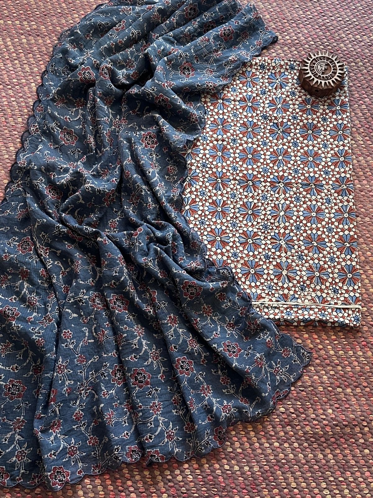 Ajrakh Cotton Malmal Handblocked Set- Top & Dupatta