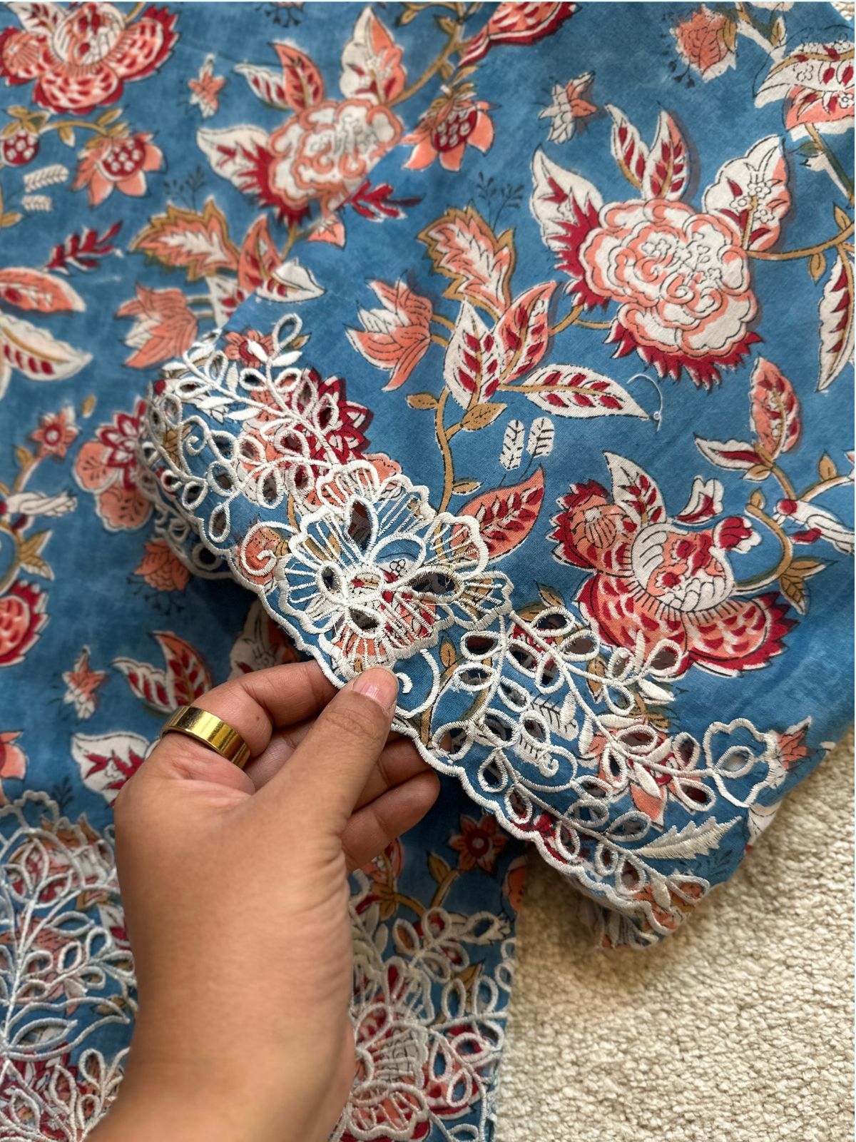 Cutwork Pure Cotton Hand-blocked Coord Set