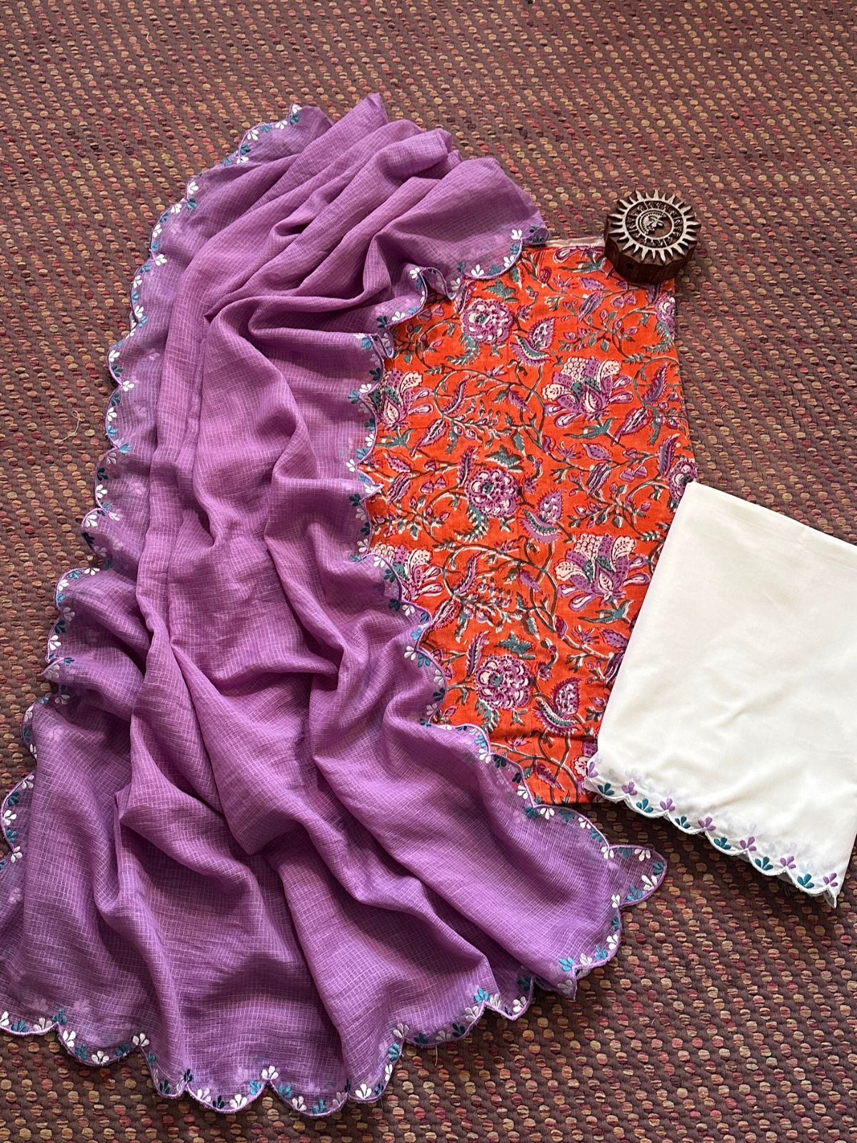 Pure Cotton Hand-block Fabric with Embroidered Bottom & Kota Doria Dupatta