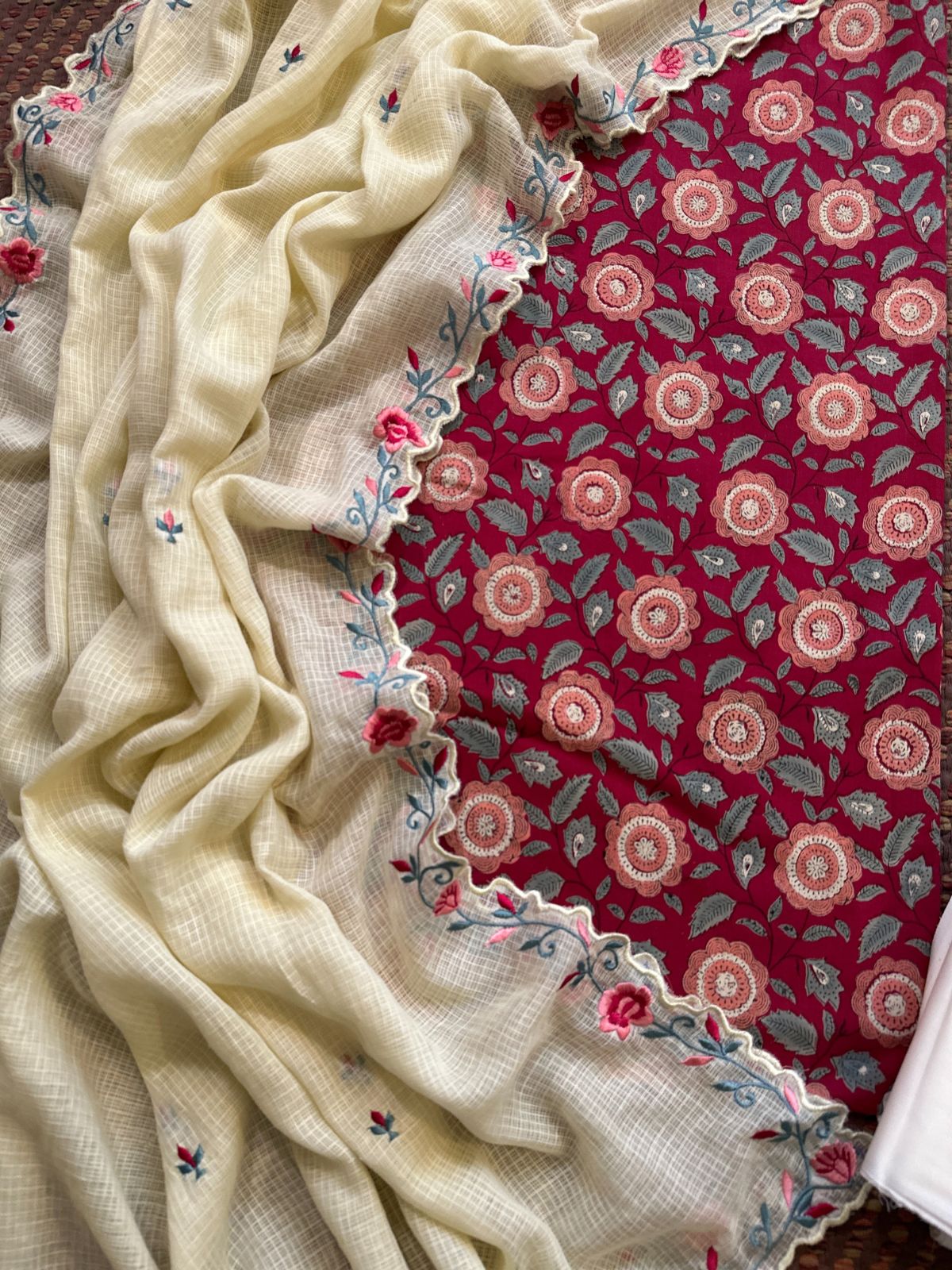 Pure Cotton Hand-block Fabric set with Embroidered Kota Doria Dupatta