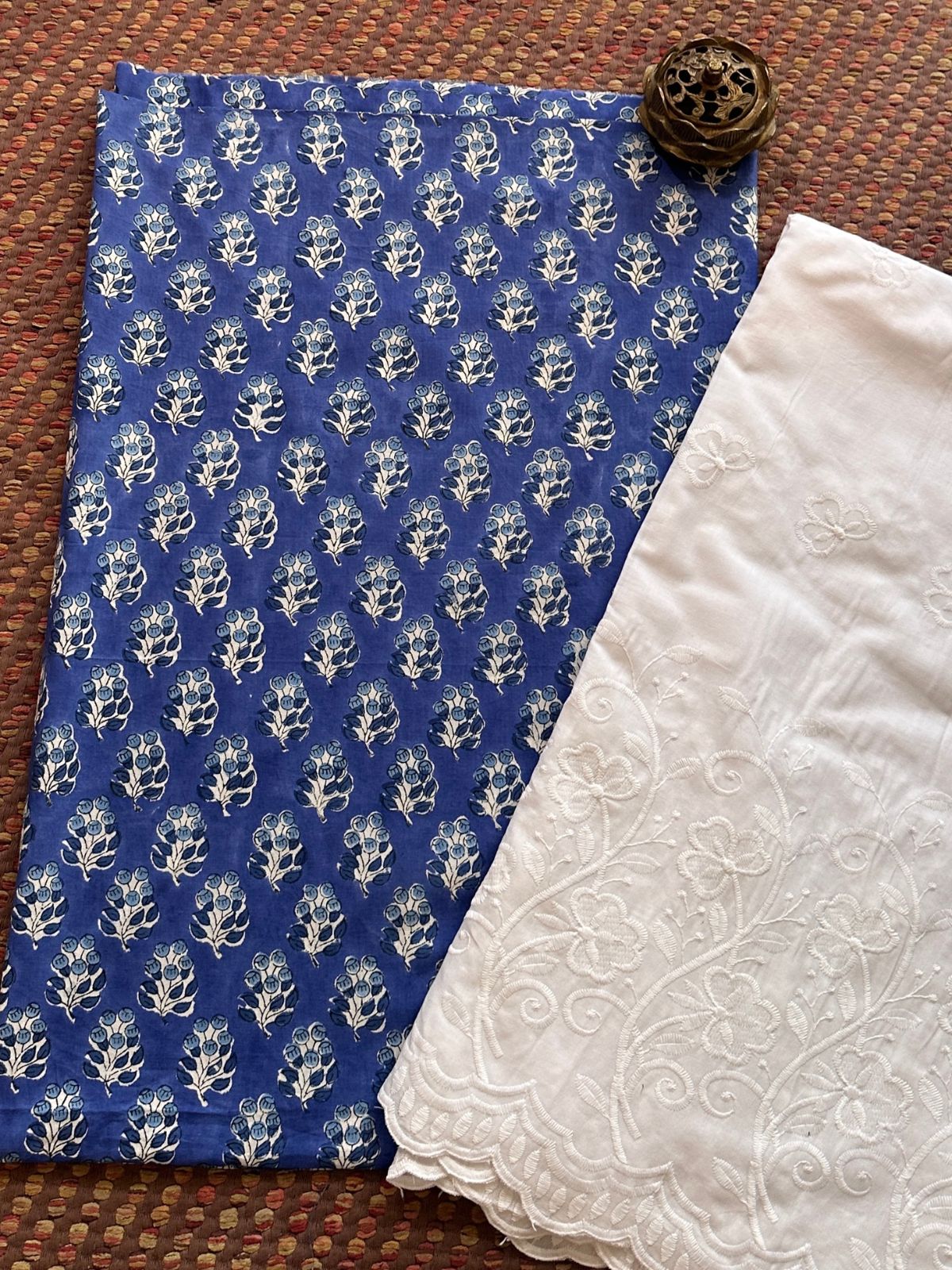 Pure Cotton Hand-blocked Fabric with Embroidered Bottom