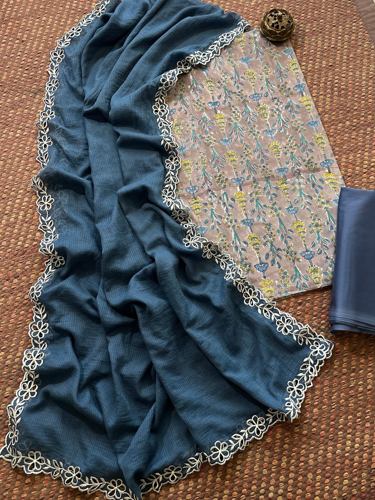 Pure Cotton Malmal Hand-block Fabric set with Cutwork Embroidered Kota Doria Dupatta