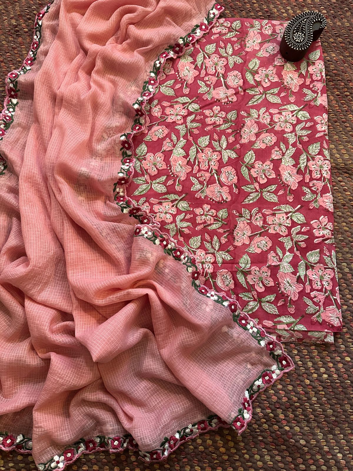Pure Cotton Hand-blocked fabric set with Embroidered Dupatta