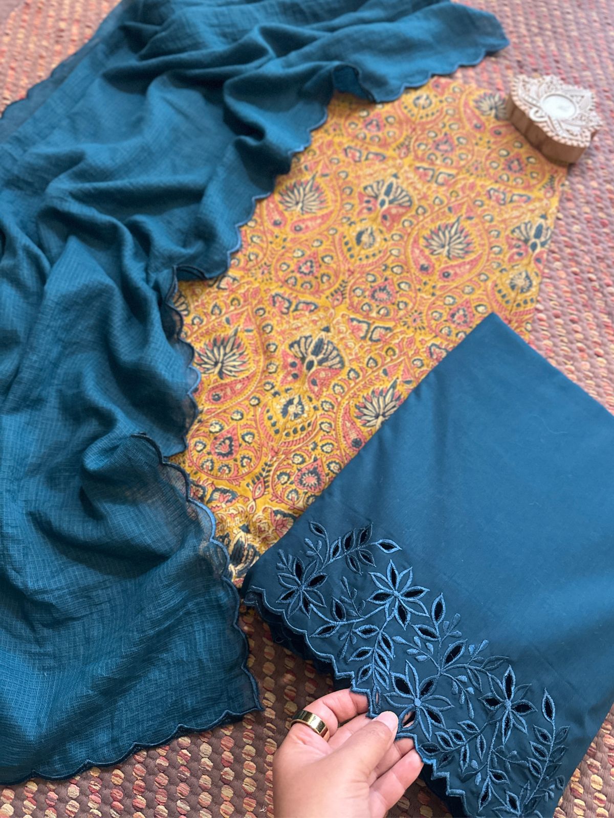 Pure Cotton Malmal Hand-blocked Fabric with Cutwork Bottom & Kota Doria Dupatta
