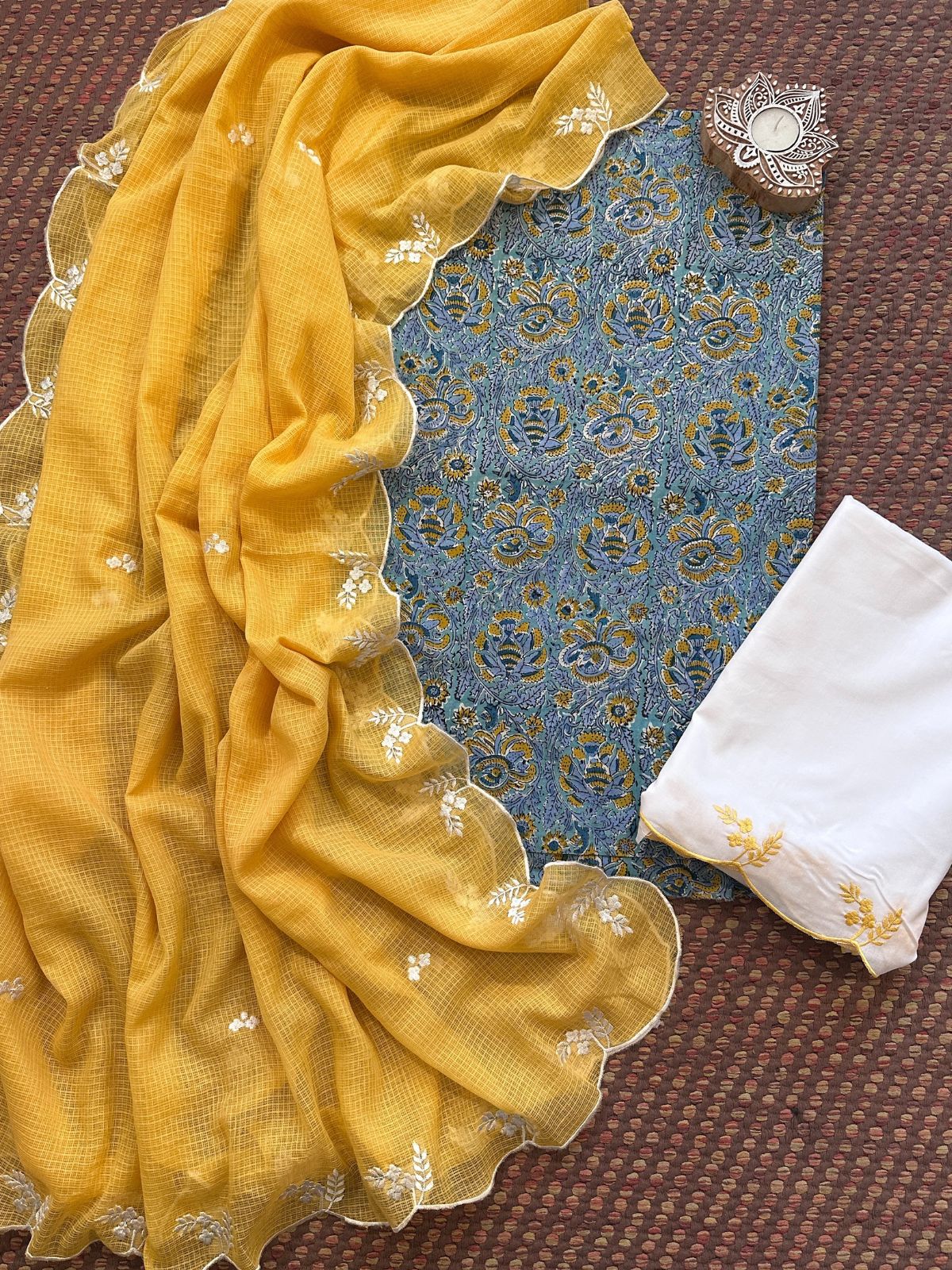 Pure Cotton Malmal Hand-block Fabric with Embroidered Bottom & Kota Doria Dupatta