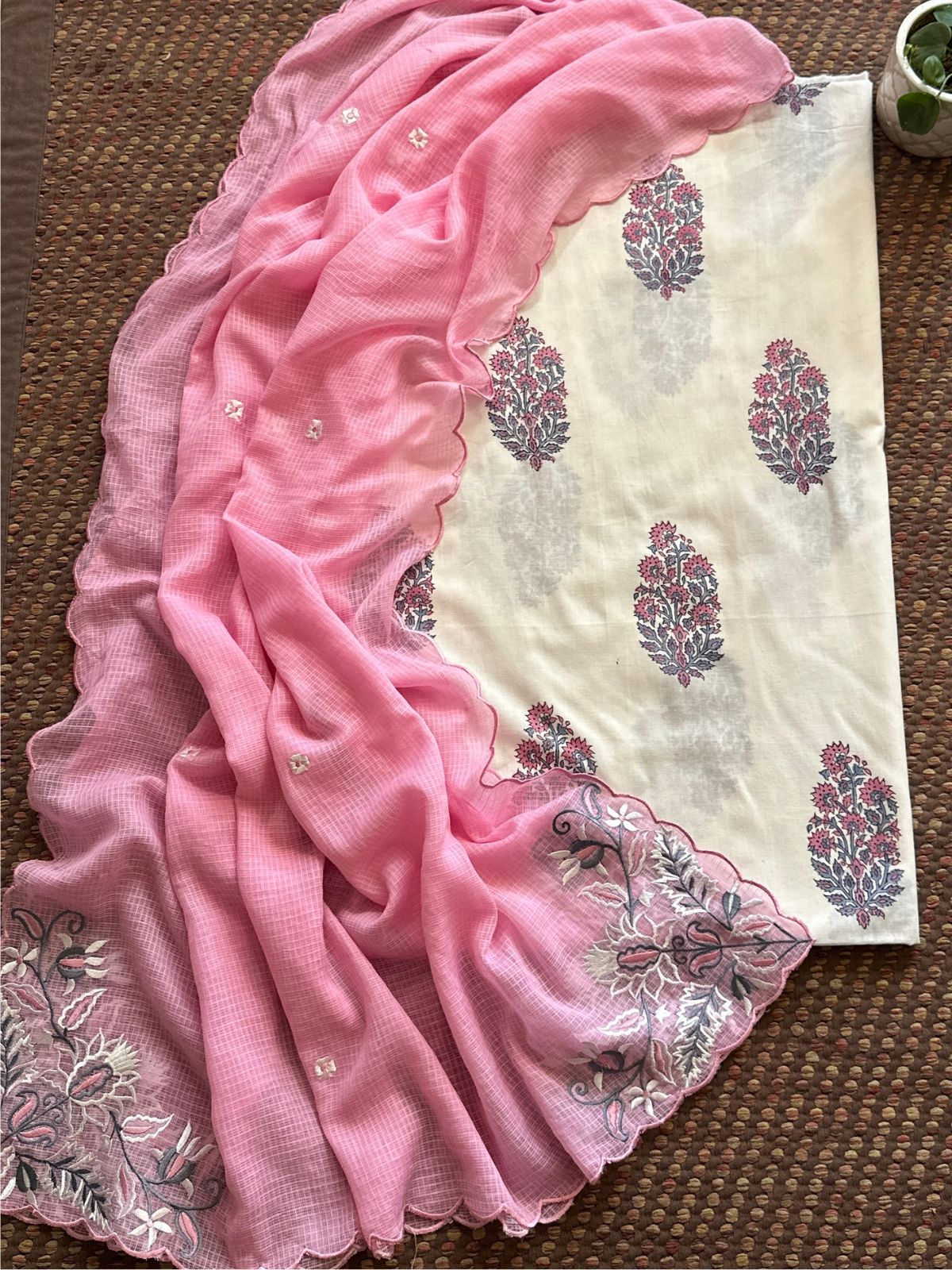 Pure Cotton Handblock Fabric with Embroidered Dupatta