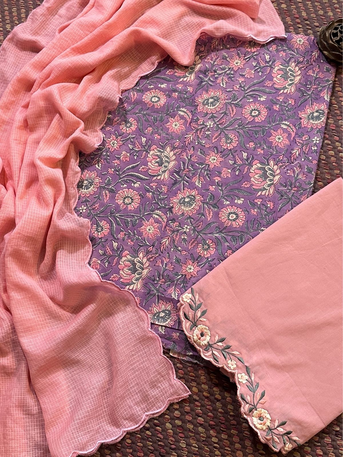 Pure Cotton Malmal Handblocked Unstitched Set