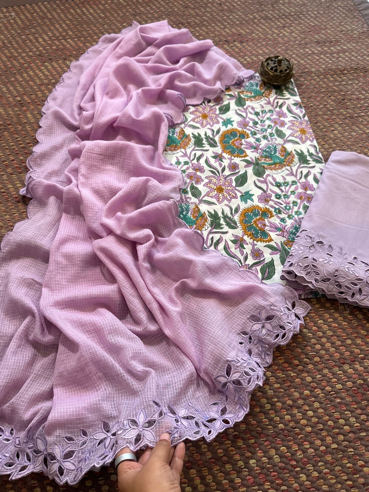 Pure Cotton Malmal Hand-blocked Fabric with Cutwork Bottom & Kota Doria Dupatta