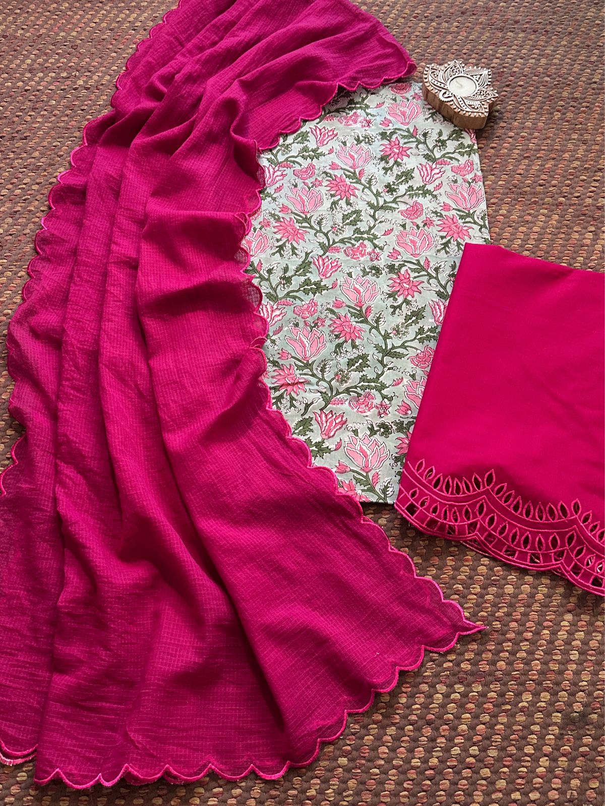 Pure Cotton Hand-blocked Fabric with Cutwork Bottom & Kota Doria Dupatta