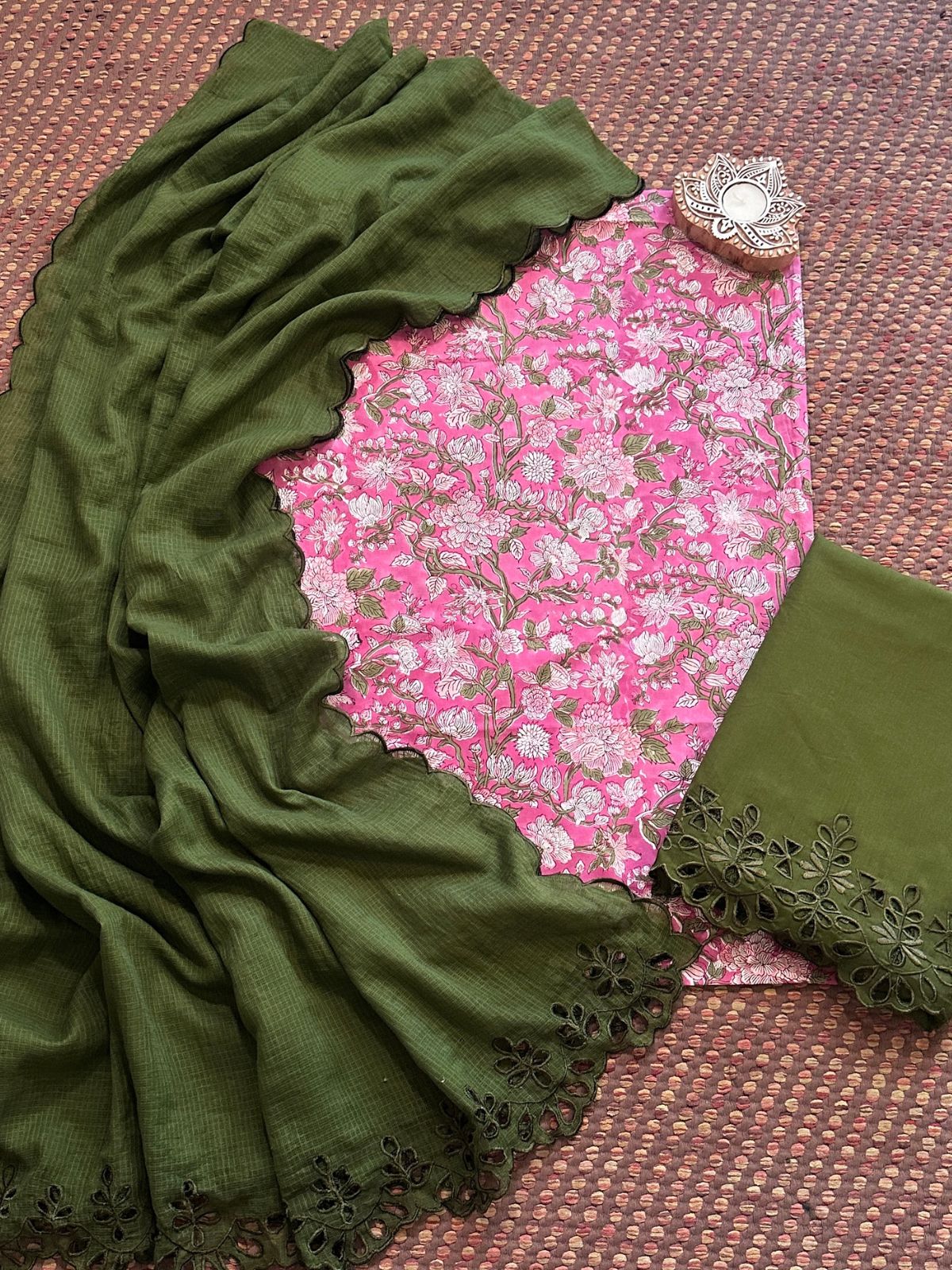 Pure Cotton Hand-blocked Fabric with Cutwork Bottom & Kota Doria Dupatta