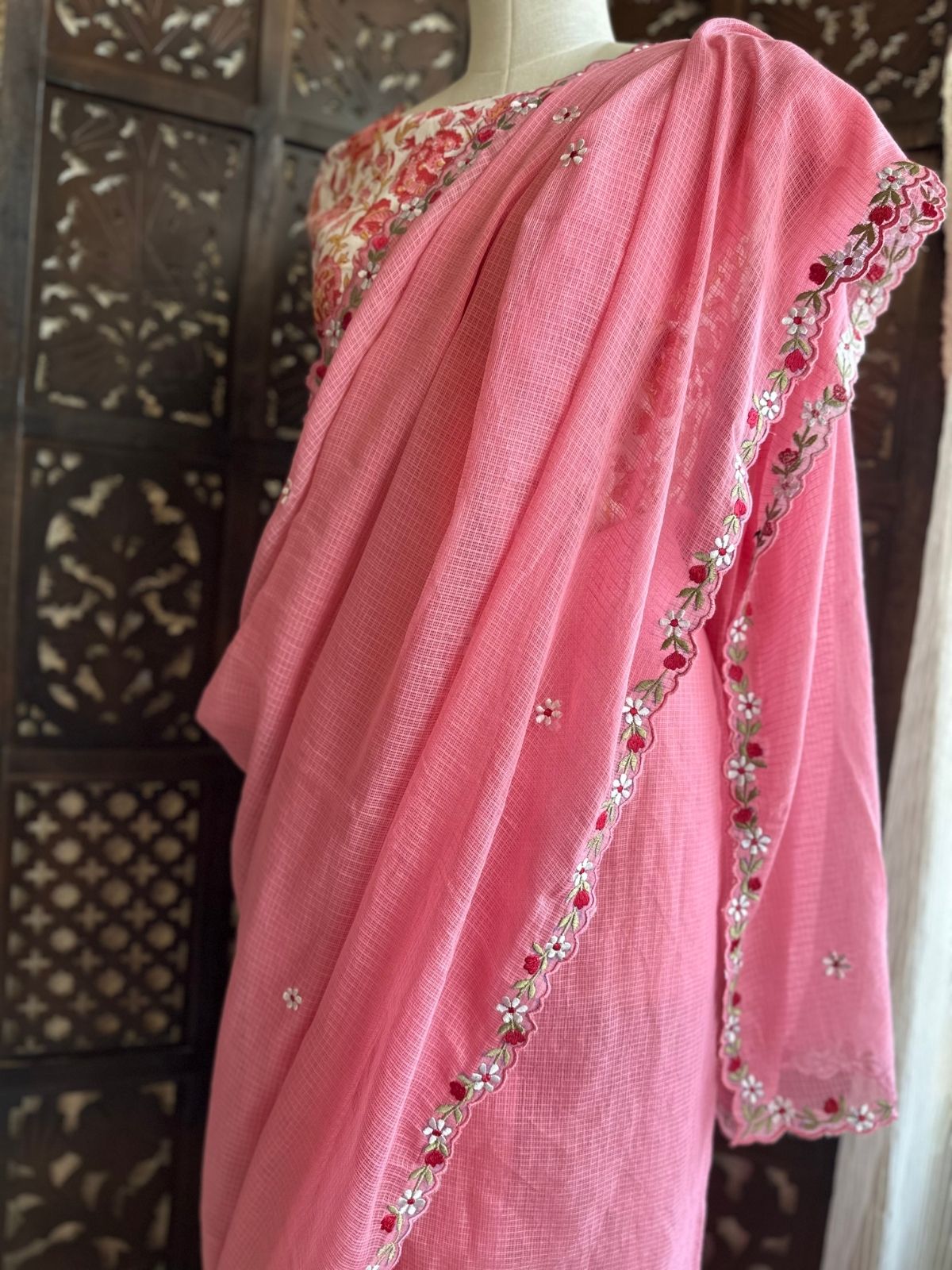 Kota Doria Embroidered Saree with Hand Block Blouse fabric