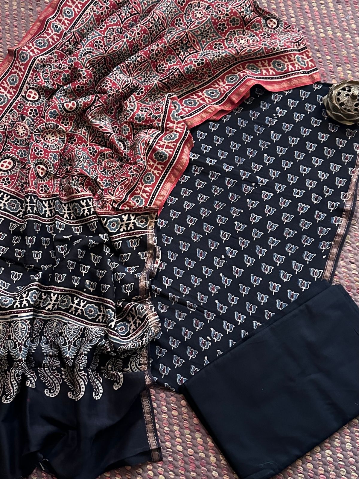 Hand-blocked Ajrak Maheswari Silk Unstitched Set