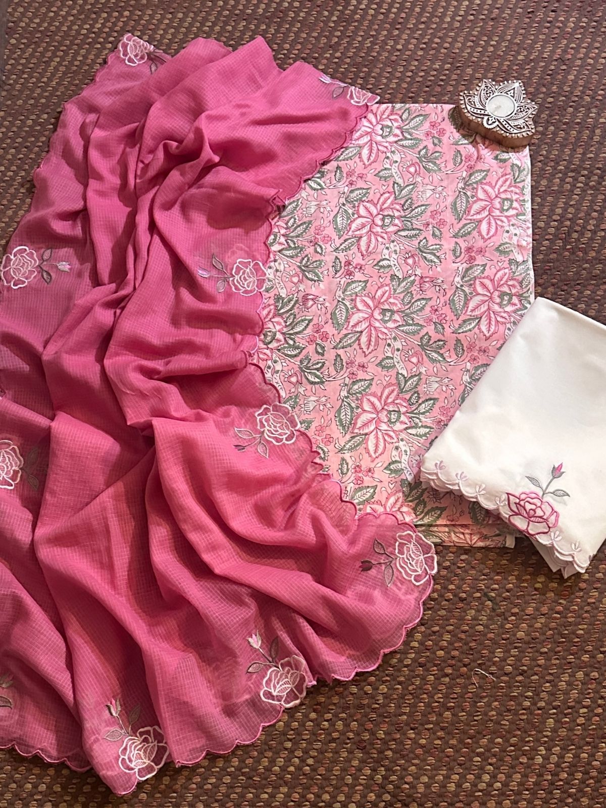 Pure Cotton Hand-block Fabric with Embroidered Bottom & Kota Doria Dupatta