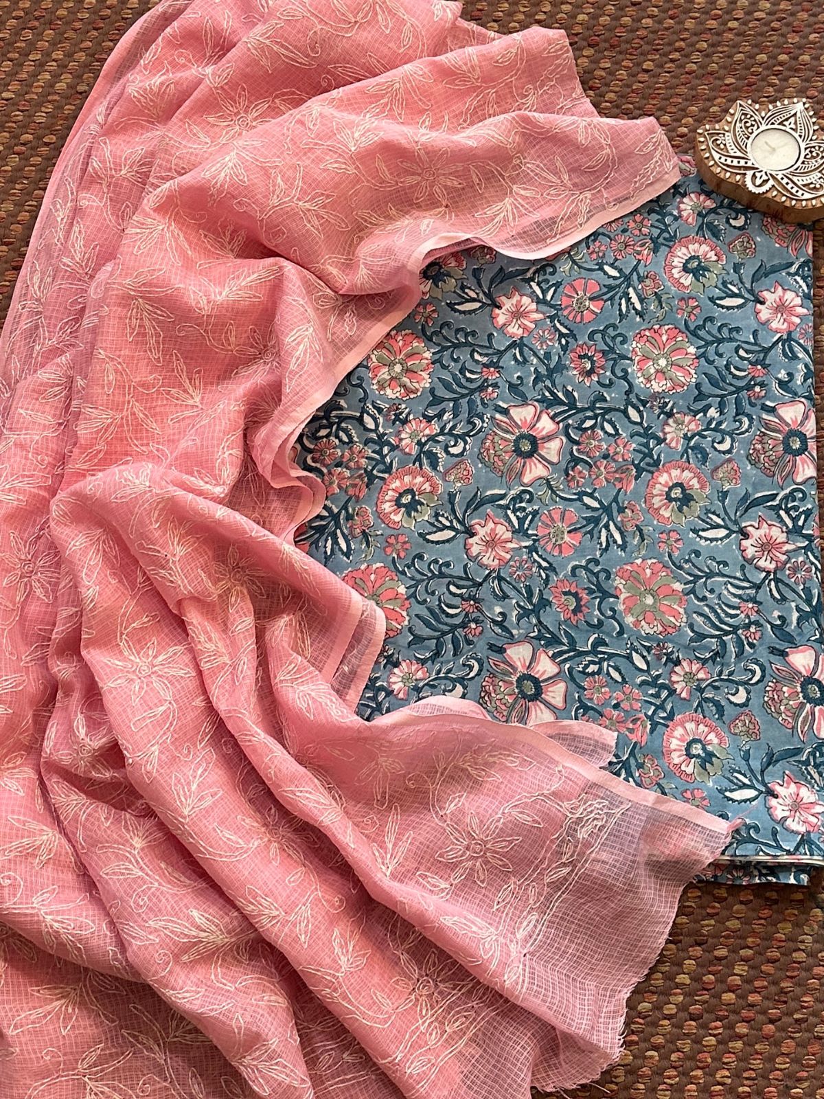 Pure Cotton Hand Blocked Fabric with Chikankari Dupatta