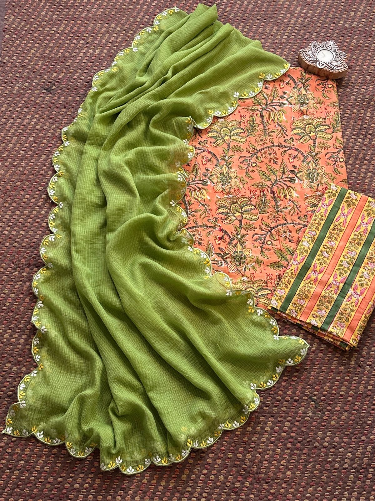 Premium Pure Cotton Malmal Hand blocked Set with Embroidered Dupatta