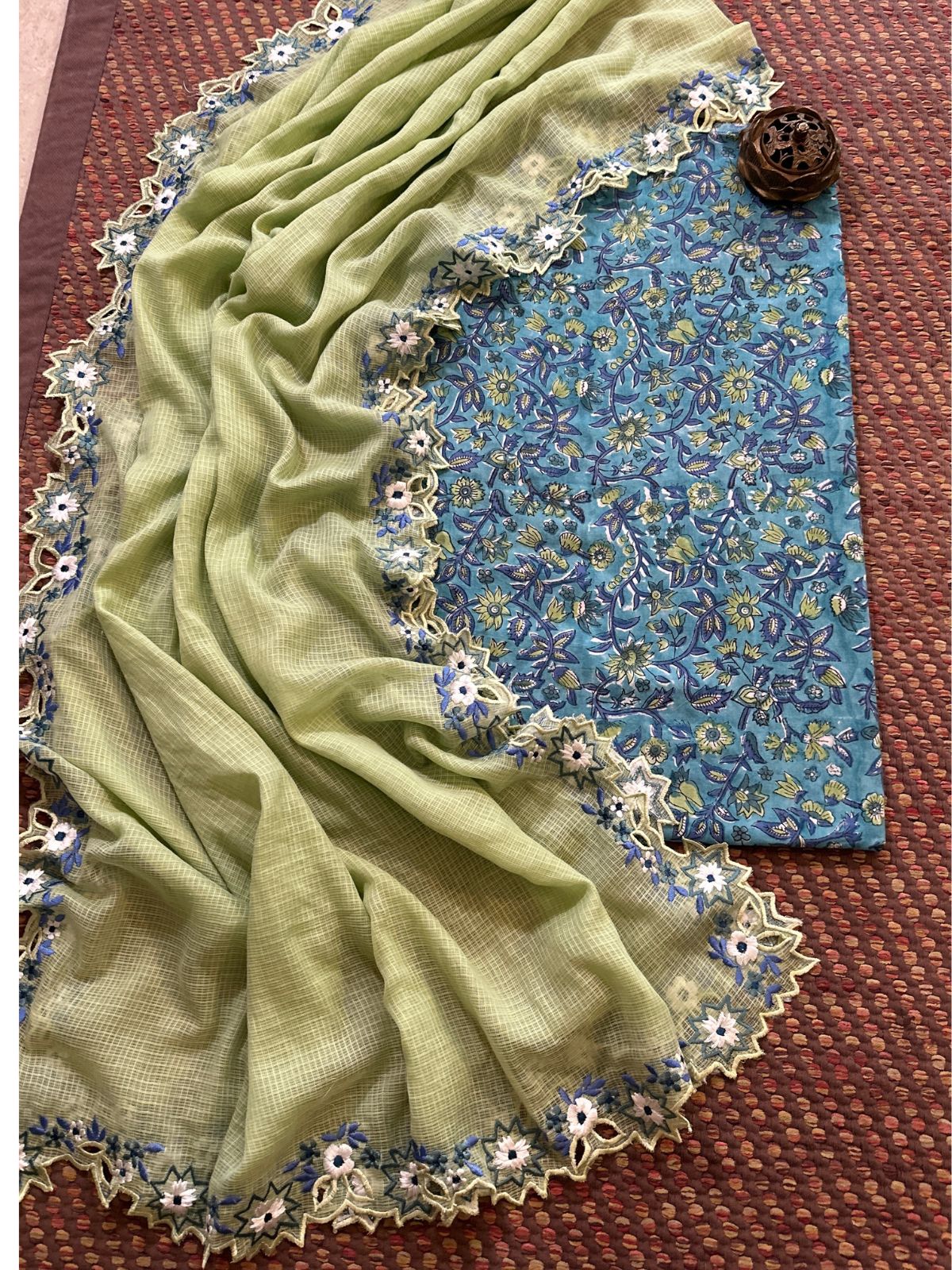 Pure Cotton Handblock Fabric with Exclusive Cutwork Embroidered Dupatta