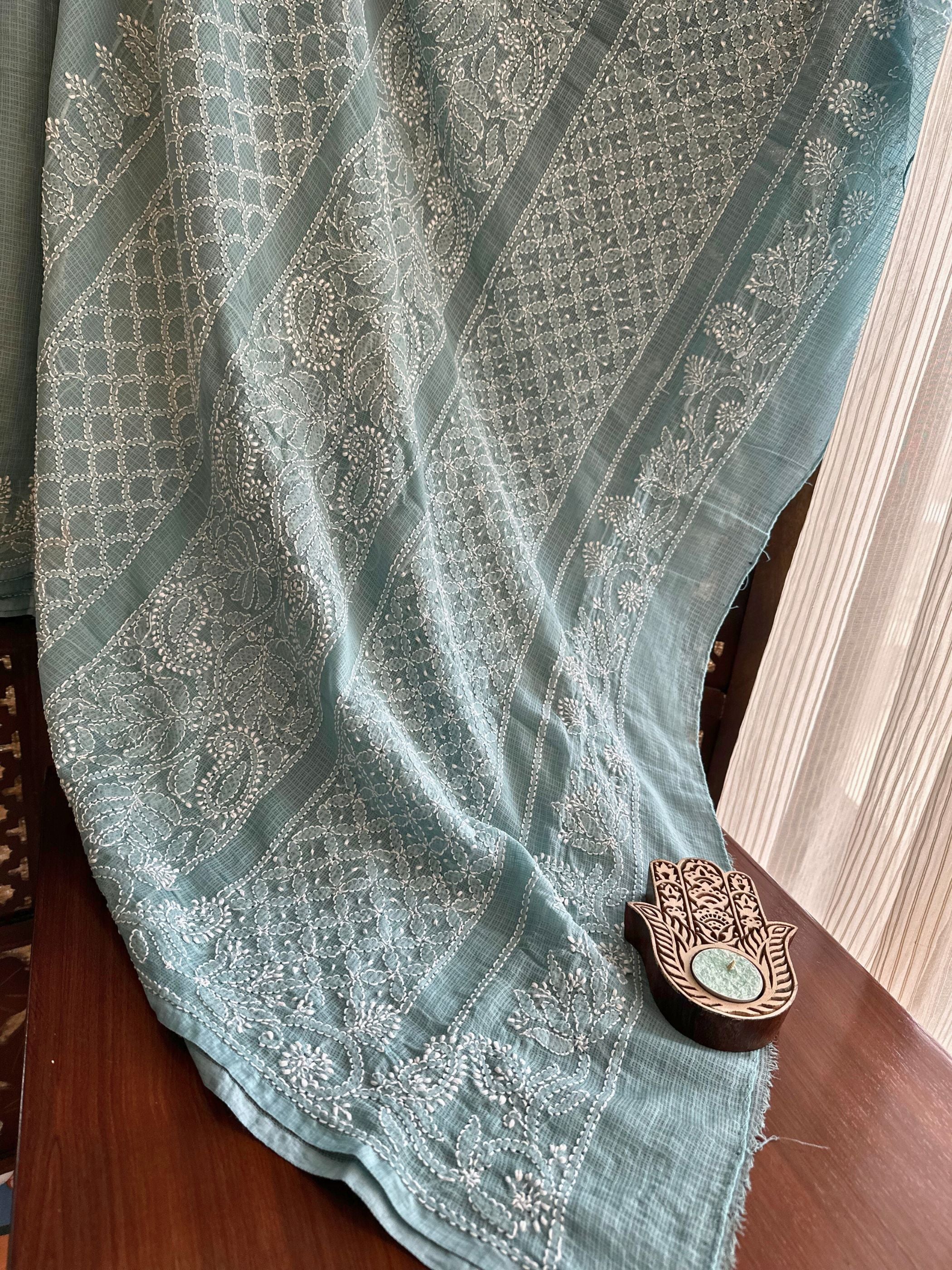 Greyish Blue Chikankari Hand Embroidered Saree