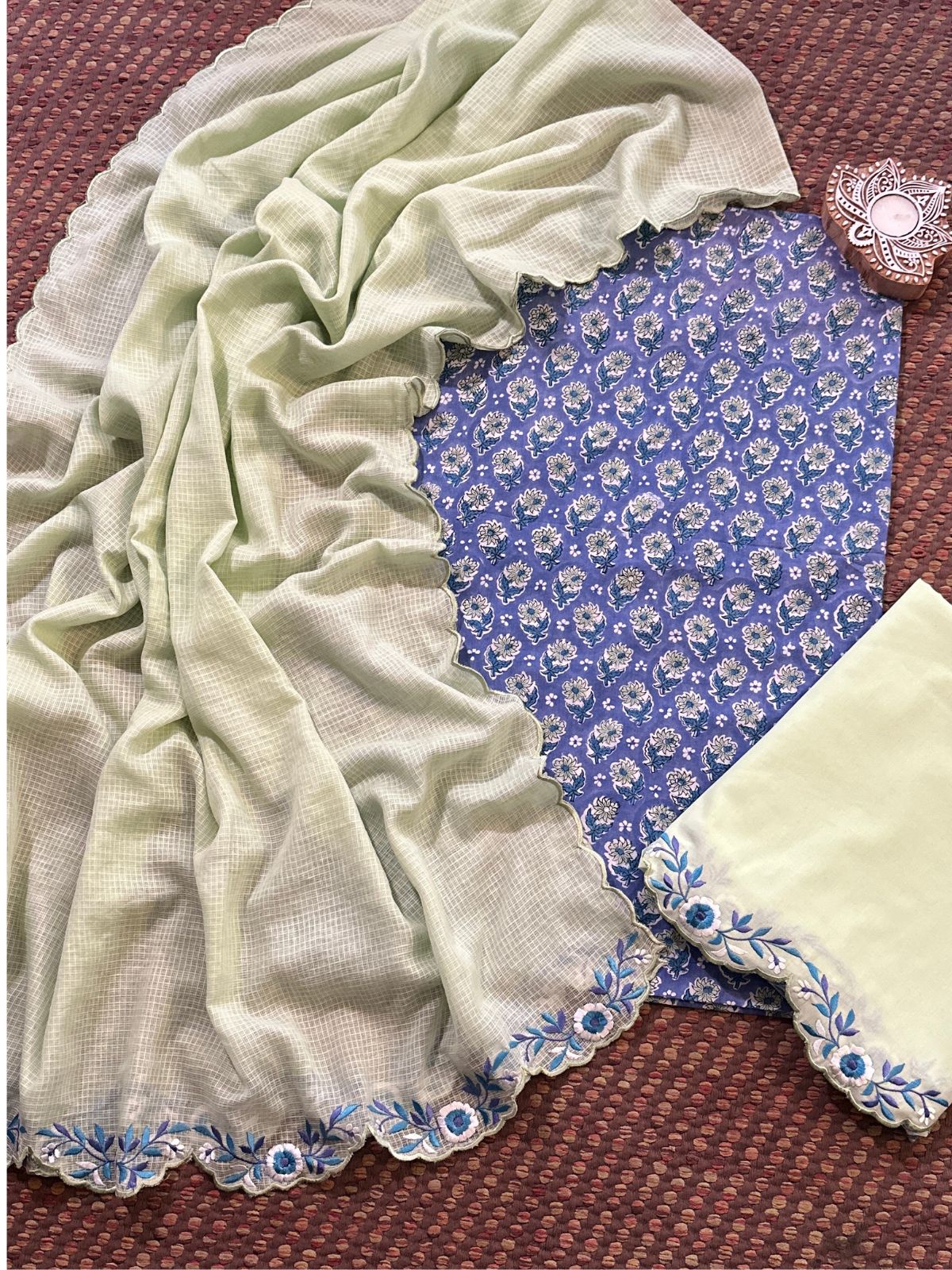 Pure Cotton Hand-block Fabric with Embroidered Bottom & Kota Doria Dupatta