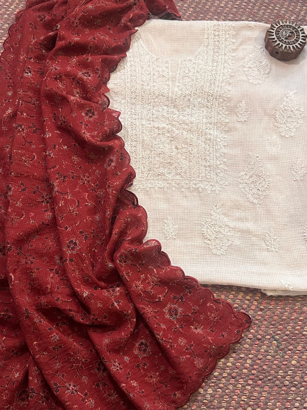 Chikankari Hand Embroidered Fabric with Ajrak Hadblocked Kota Dupatta