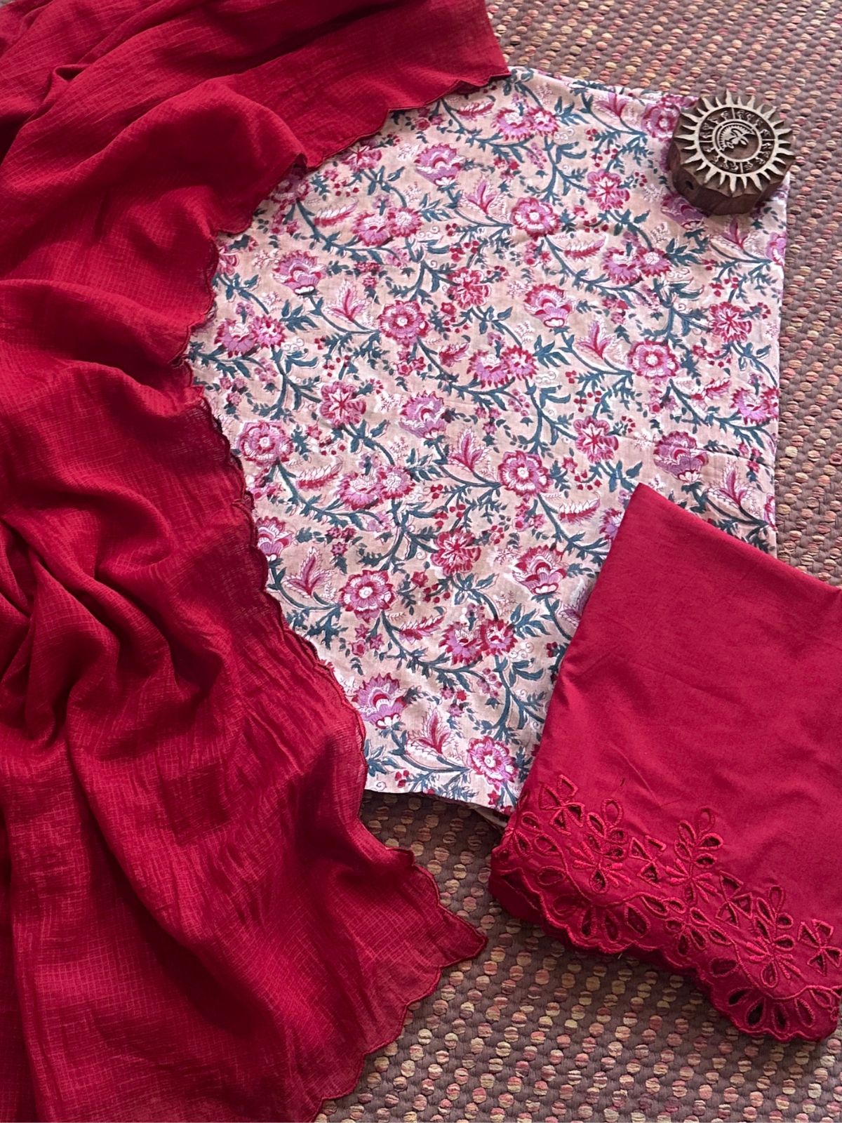 Pure Cotton Voile Hand-blocked Fabric with Cutwork Bottom & Kota Doria Dupatta