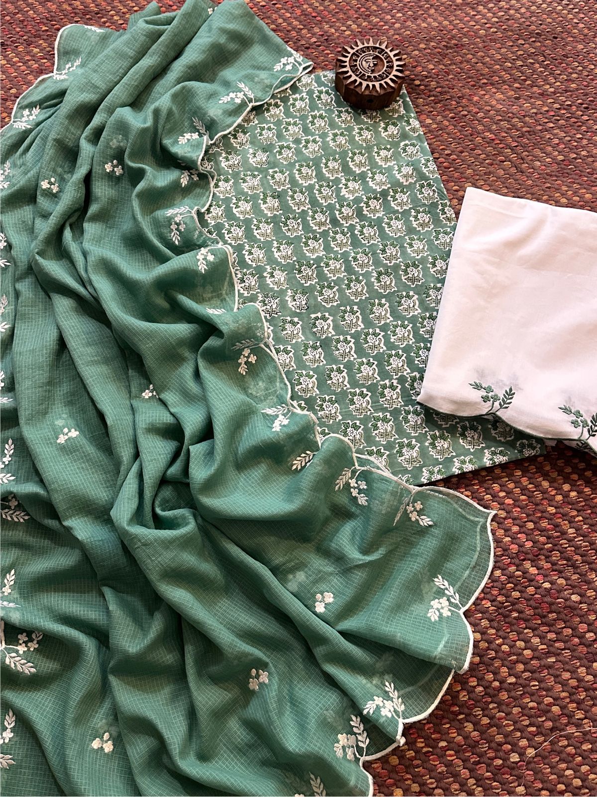 Pure Cotton Hand-block Fabric with Embroidered Bottom & Kota Doria Dupatta