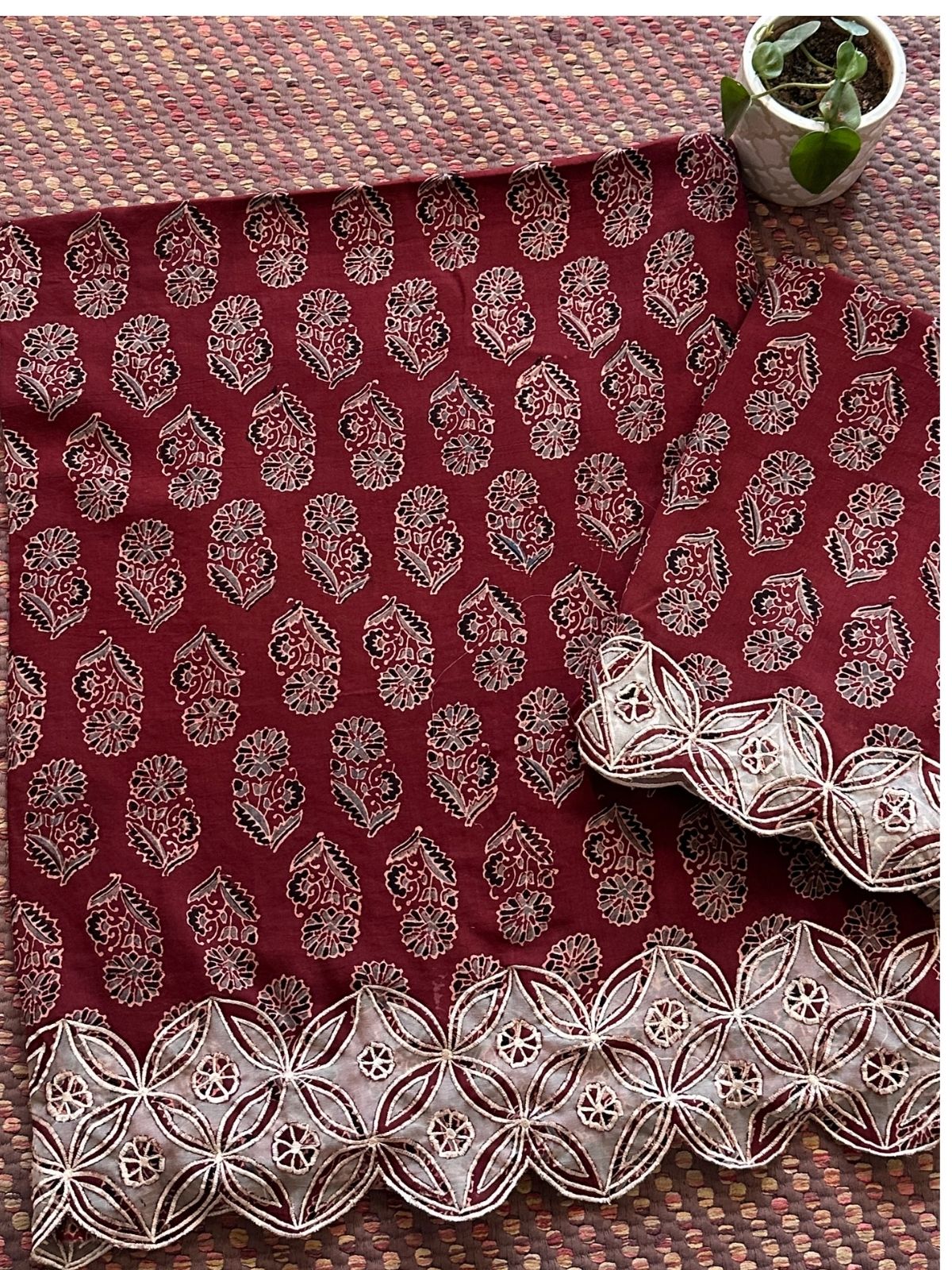 Exclusive Cutwork embroidered Ajrak Cotton Malmal Coord Set