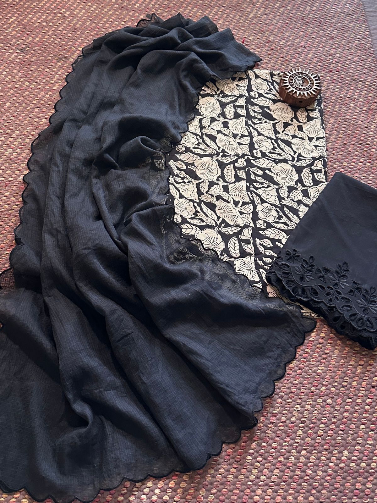 Pure Cotton Hand-blocked Fabric with Cutwork Bottom & Kota Doria Dupatta