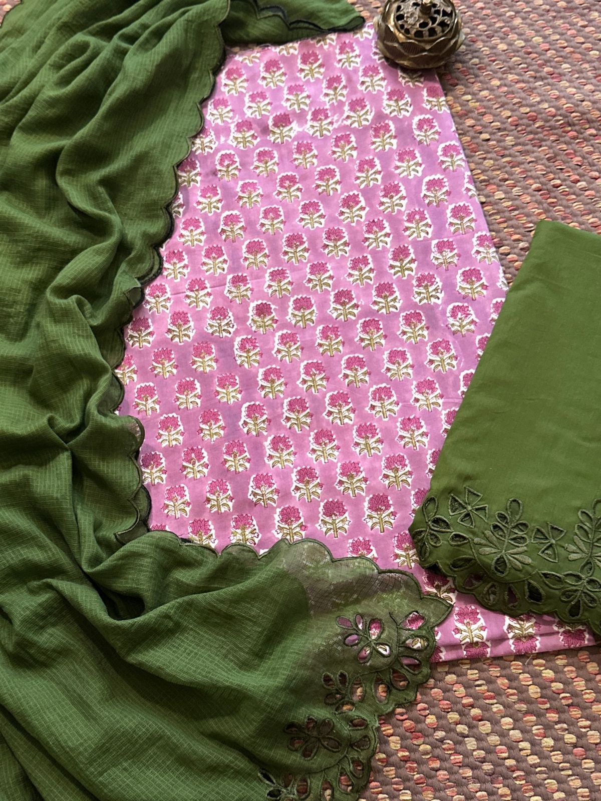 Pure Cotton Hand-blocked Fabric with Cutwork Bottom & Kota Doria Dupatta