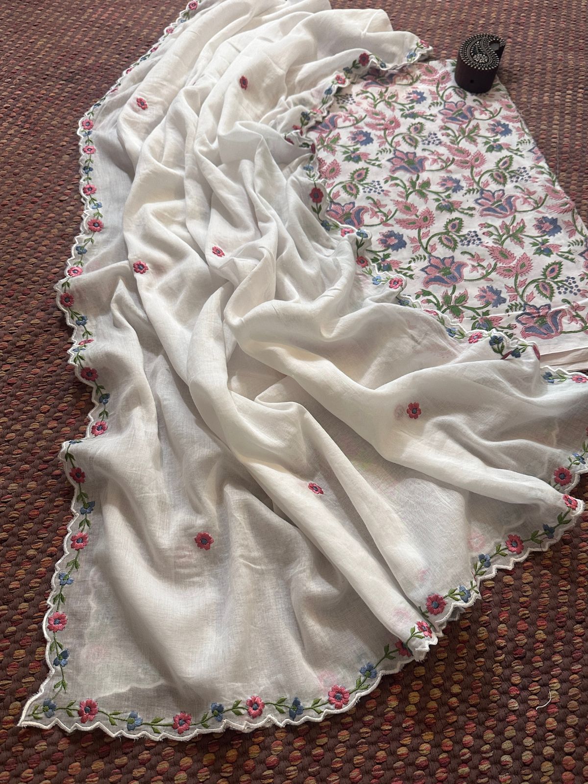 Pure Cotton Handblocked Fabric with Malmal Embroidered Dupatta.