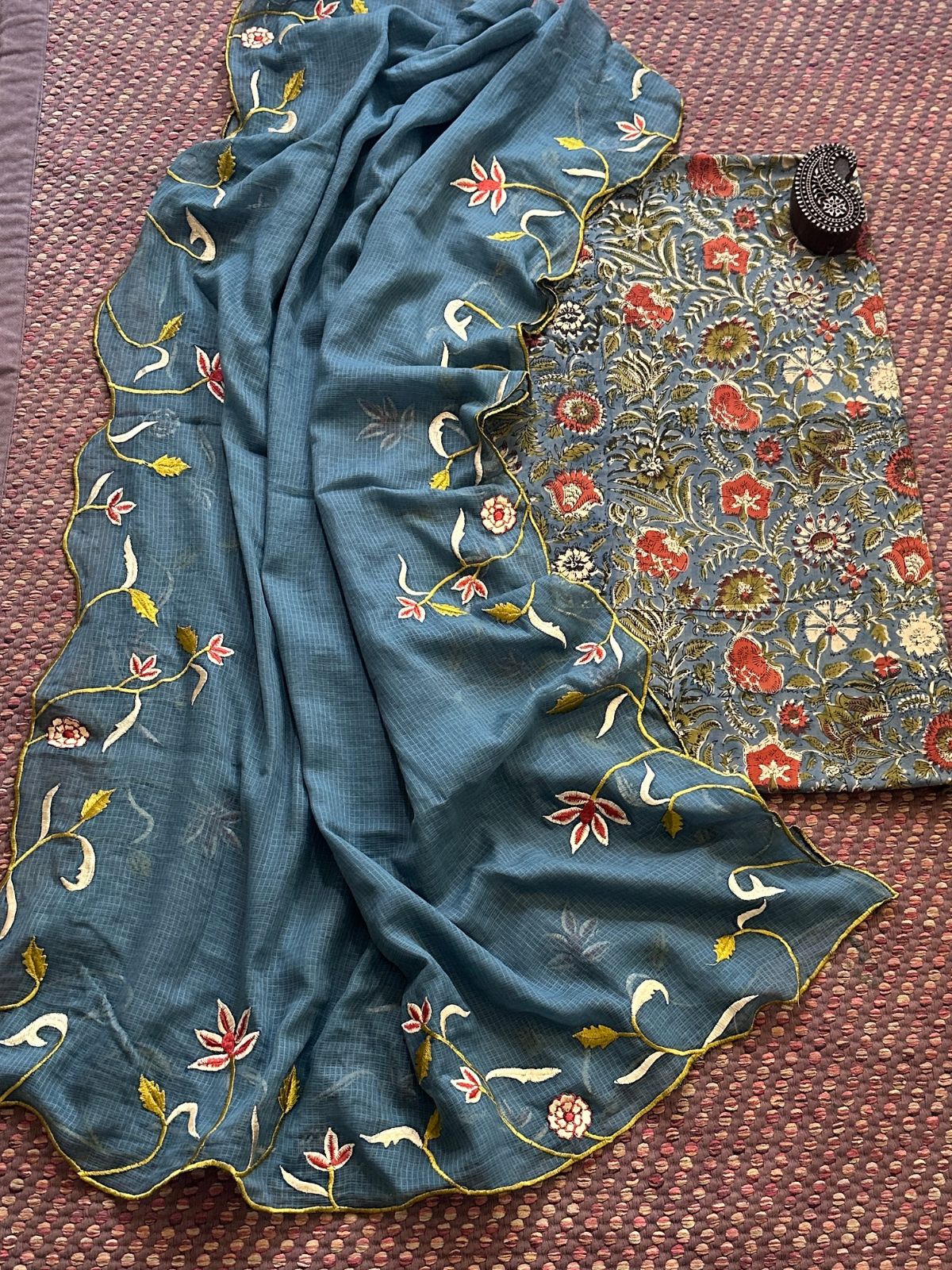Pure Cotton Hand-blocked Fabric with Embroidered Dupatta