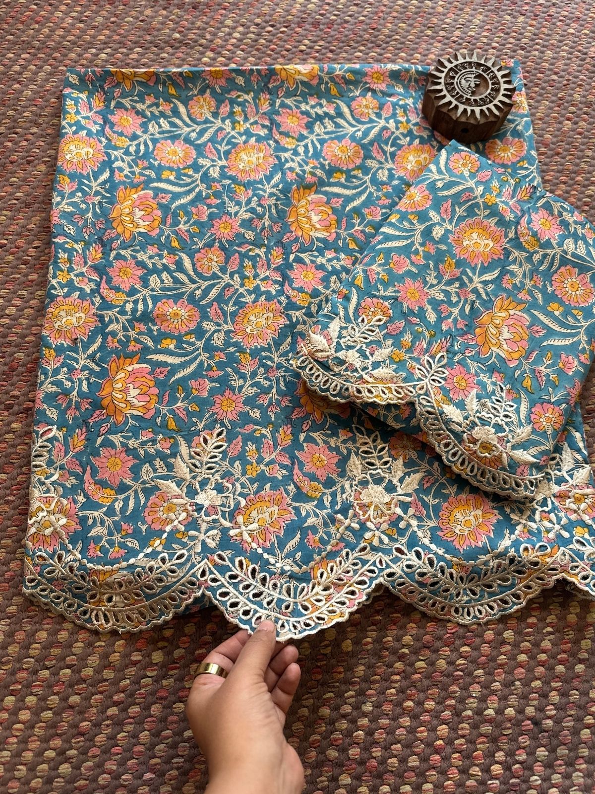 Cutwork Pure Cotton Hand-blocked Coord Set