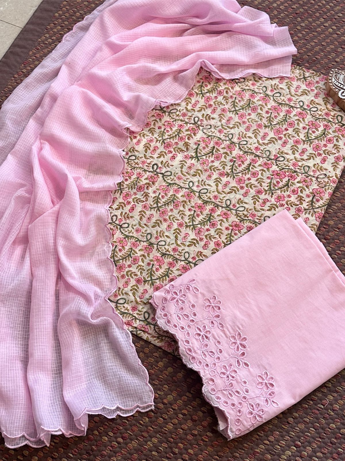 Pure Cotton Malmal Hand-blocked Fabric with Cutwork Bottom & Kota Doria Dupatta