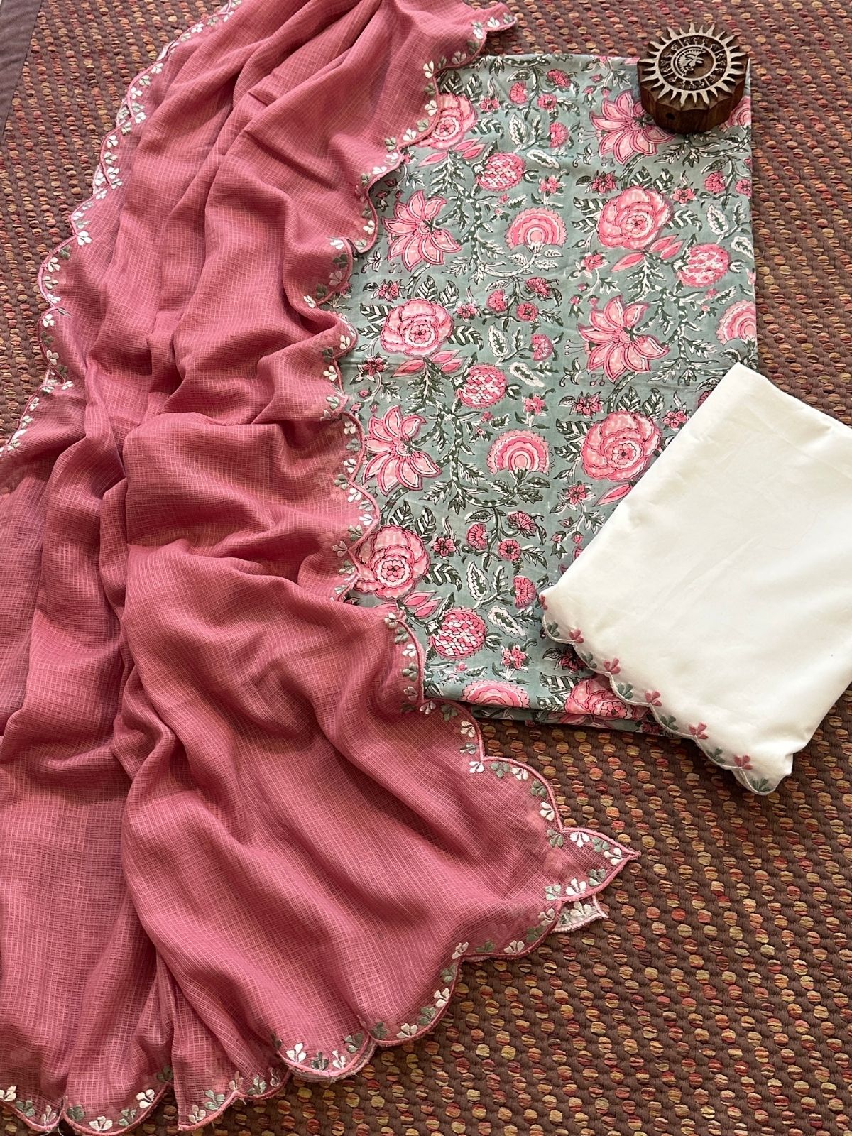 Pure Cotton Hand blocked Set with Embroidered Dupatta