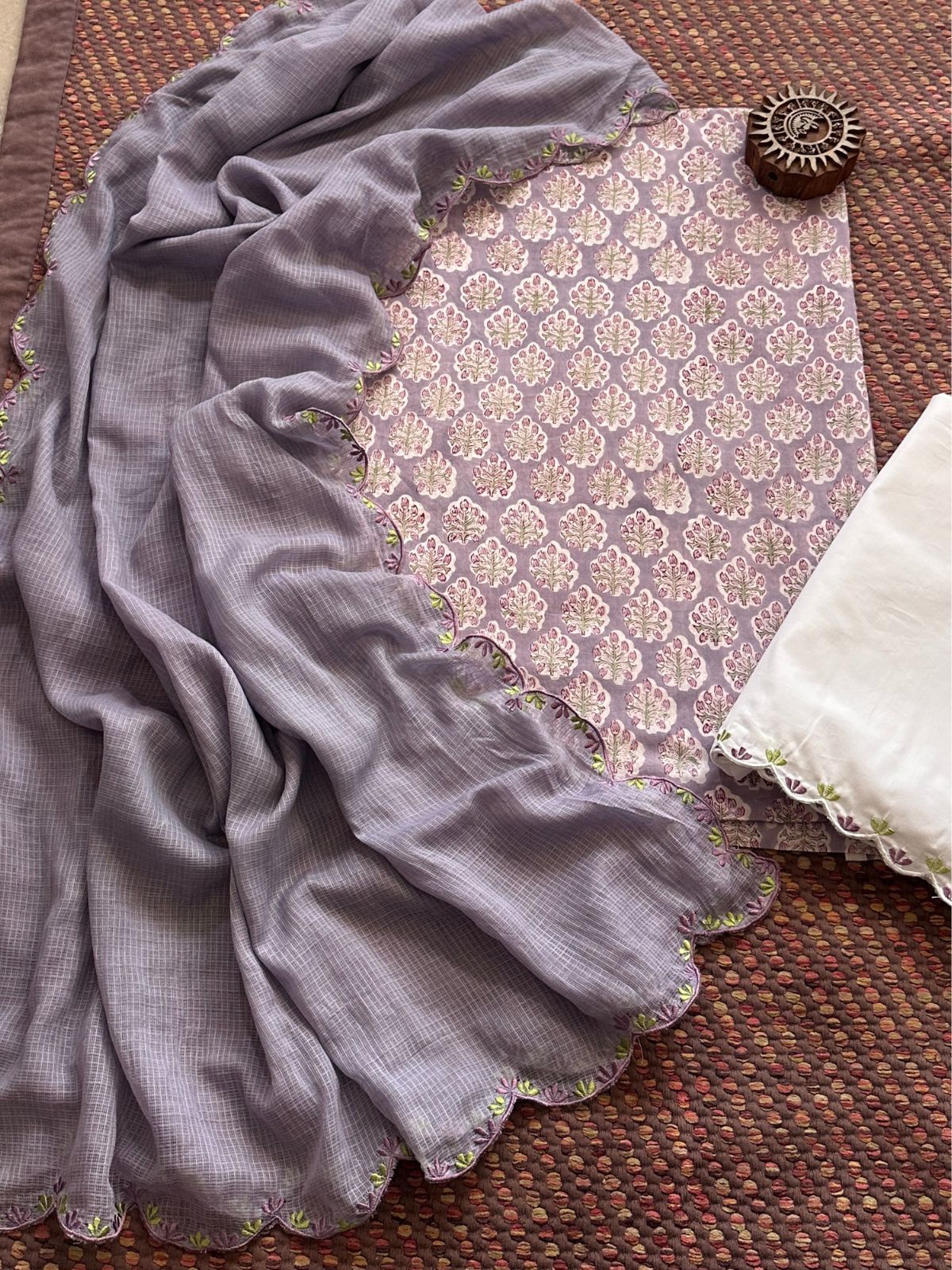 Pure Cotton Hand-block Fabric with Exclusive Embroidered Bottom & Kota Doria Dupatta