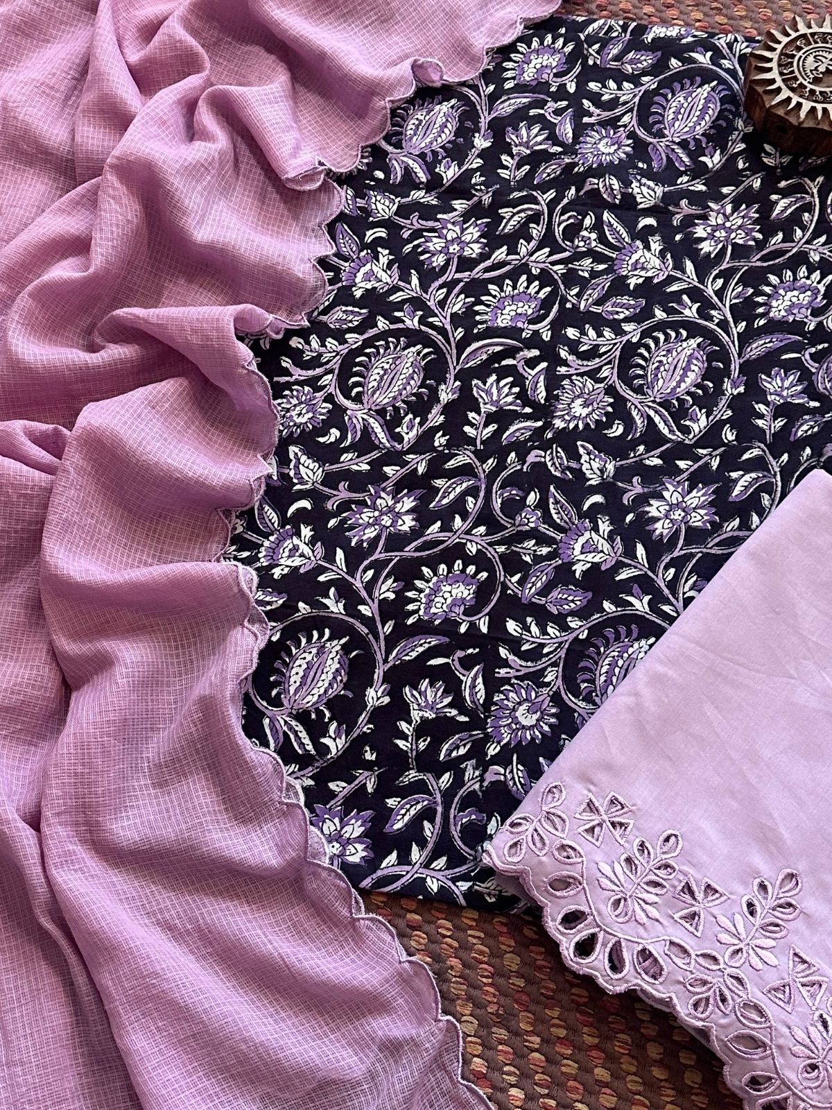 Pure Cotton Hand-blocked Fabric with Cutwork Bottom & Kota Doria Dupatta