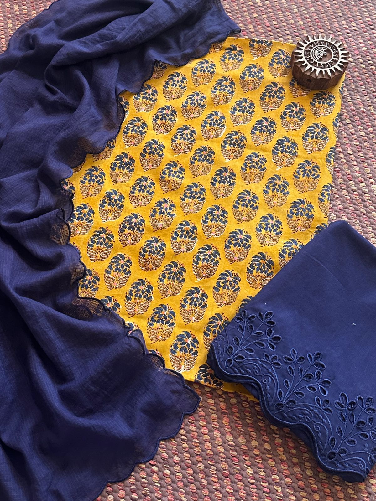 Pure Cotton Malmal Hand-blocked Fabric with Cutwork Bottom & Kota Doria Dupatta