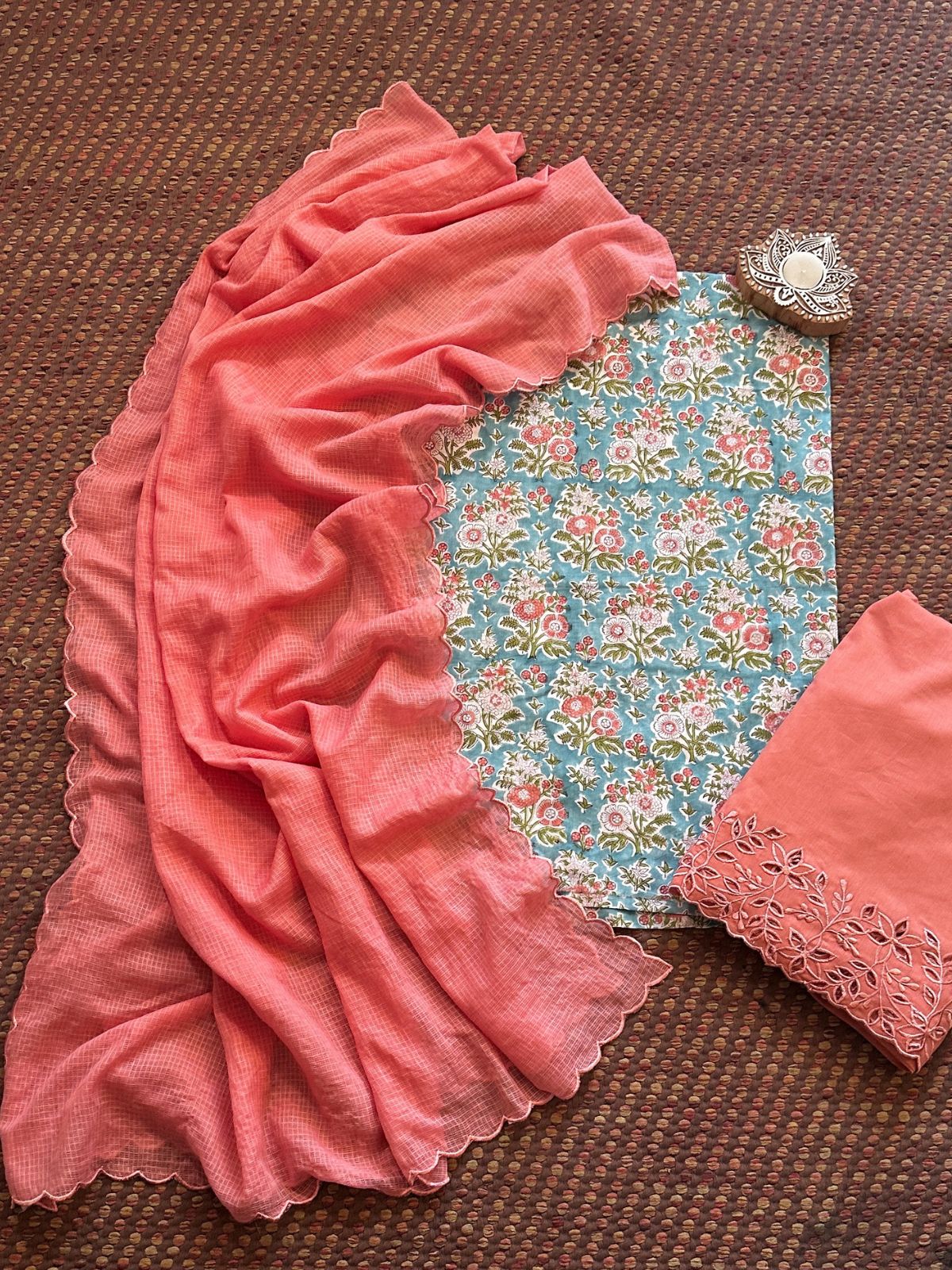 Pure Cotton Hand-blocked Fabric with Cutwork Bottom & Kota Doria Dupatta