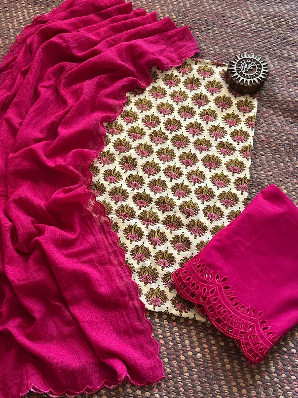 Pure Cotton Malmal Hand-blocked Fabric with Cutwork Bottom & Kota Doria Dupatta